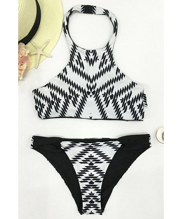 Fashion Women S Black White Diamond Printing Halter Padding Bikini Set