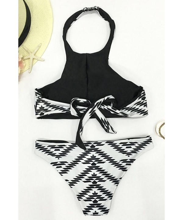 Fashion Women S Black White Diamond Printing Halter Padding Bikini Set