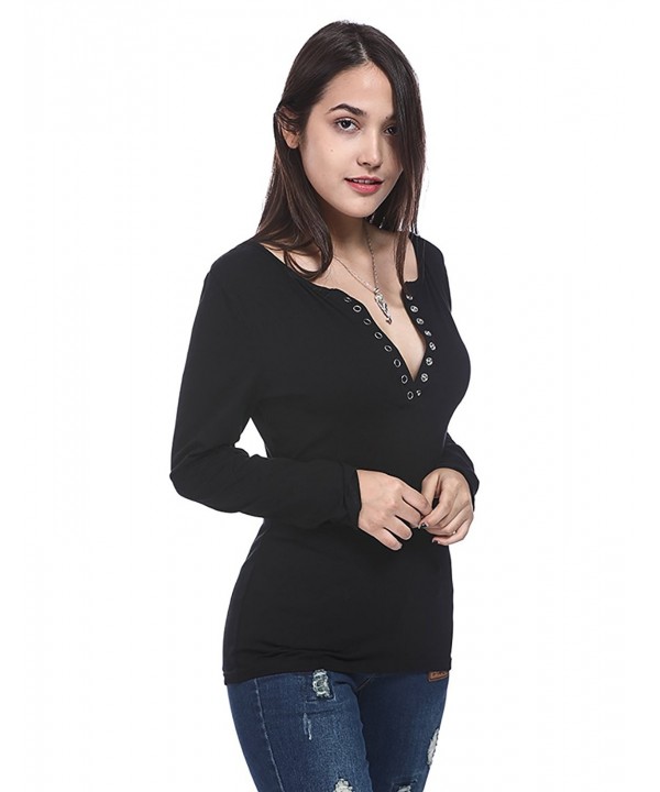 Womens Sexy Long Sleeve Low Cut Henley T Shirts Blouse Black