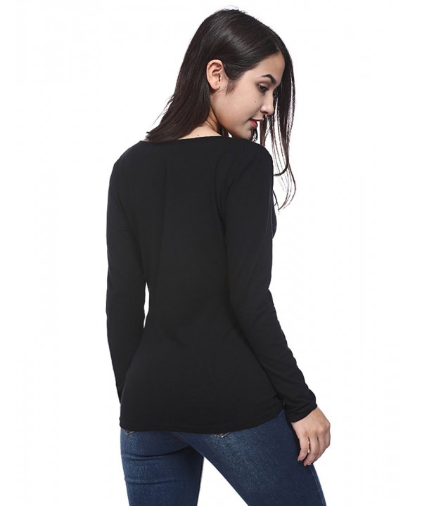 Womens Sexy Long Sleeve Low Cut Henley T Shirts Blouse Black