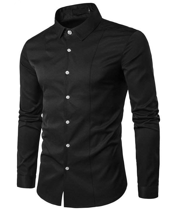 Casual Slim Fit Business Dress Shirt Solid Long Sleeve Shirt - Black ...