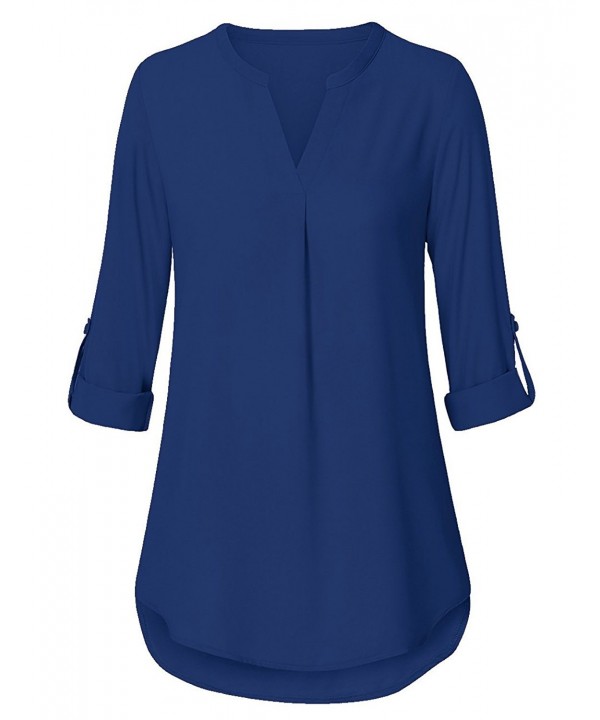 Women's Casual Chiffon V Neck Cuffed Sleeve Solid Blouse Top - Blue ...