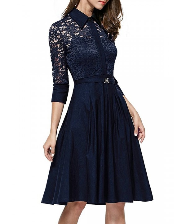 Women 1950s Vintage 3/4 Sleeve Lace Evening Party Flare A-Line Dress ...