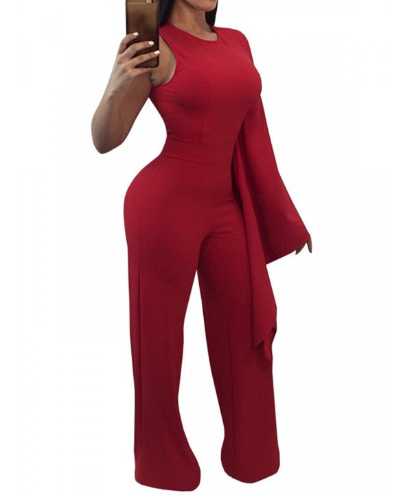 Womens Crewneck One Flare Long Sleeve Cocktail Rompers Wide Leg Bodycon ...