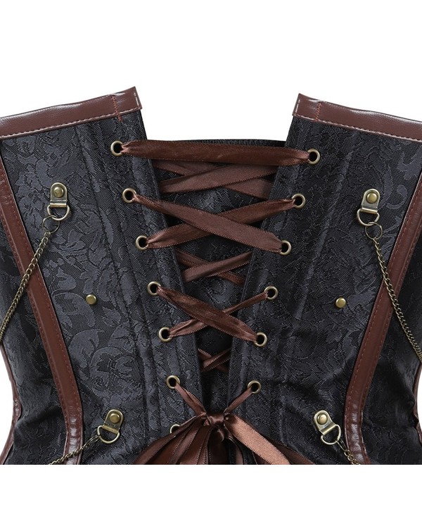 Womens Steampunk Gothic Steel Boned Corset Brocade Bustiers With Chains