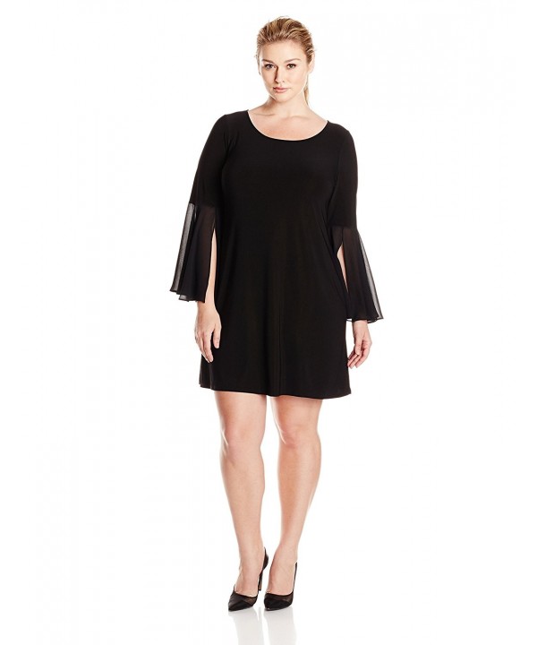 Women's Plus-Size Round Neck- Knit-To-Woven Solid Bell Sleeve- Plus ...