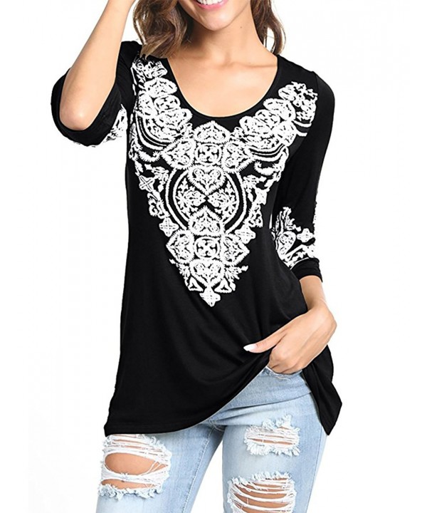 Women's 3/4 Sleeve Boho Tunic Shirts Heart Printed Tops Shirts - Black ...