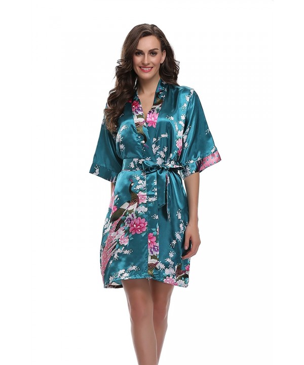 Women's Kimono Robe- Peacock & Blossoms Design- Short - Teal - CM12M2FHDV1