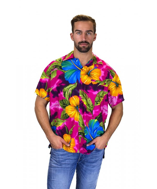 Funky Hawaiian Shirt Men Short Sleeve Front-Pocket Big Flower Pink ...