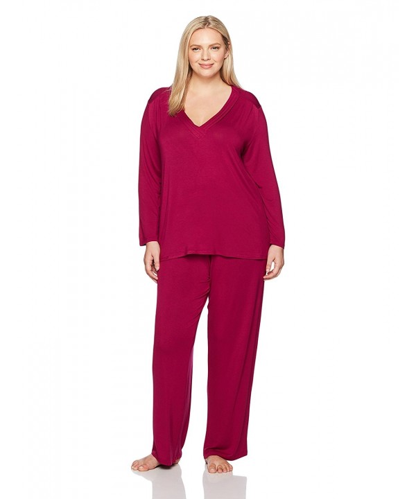 Women's Plus Size Long Sleeve Pleated V-Neck Jersey Pajamas - Berry ...