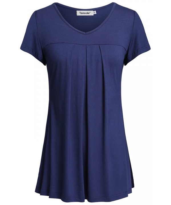 Womens Round Neck Short Sleeve Summer Tops Pleated Front Tunic Shirt ...