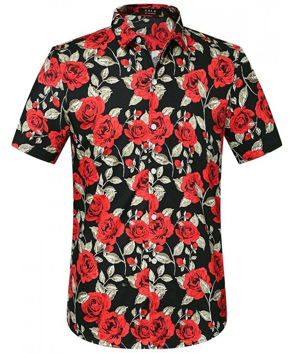 Men's Summer Rose Prints Button Down Short Sleeve Shirt - Black ...