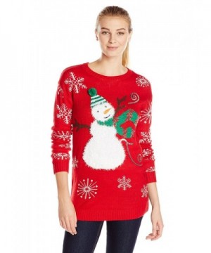 Women's Long-Sleeve Crew-Neck Snowman Ugly Christmas Sweater - Red ...