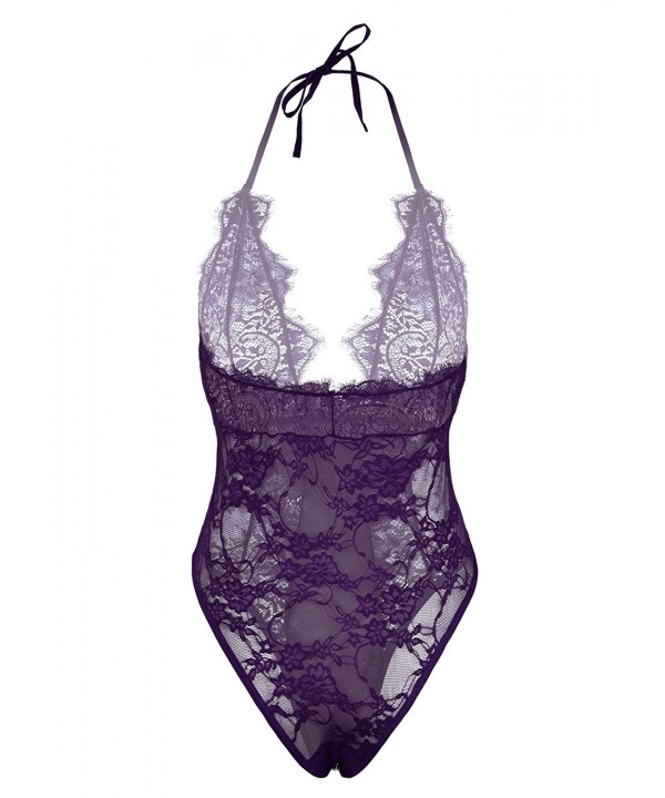 Womens Lace One Piece Lingerie Bodysuit Deep V Halter Teddy Purple Cm187dg02ll