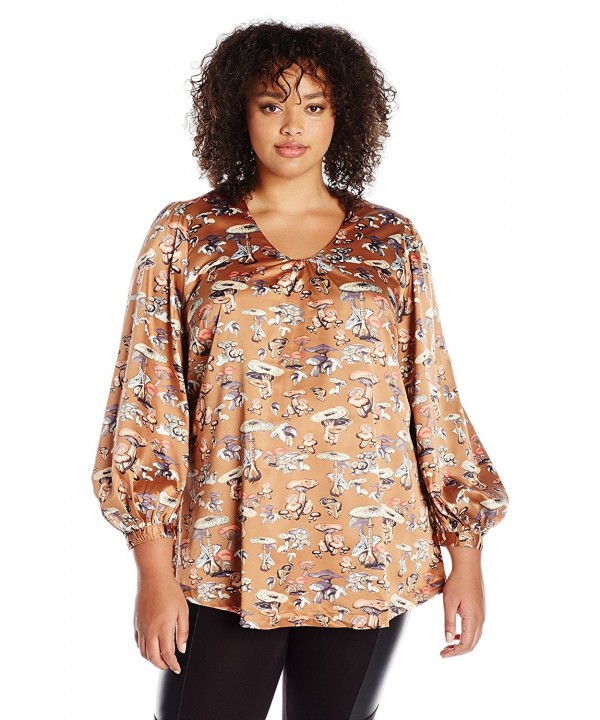 Women's Plus Size V-Neck 3/4 Sleeve 70s Inspired Blouse - Brown Patina ...