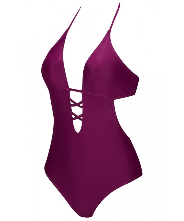 Sexy Plunge One Piece Swimsuit Plum Halter Swimsuit For Women Purple C4189ho5lwt 9541