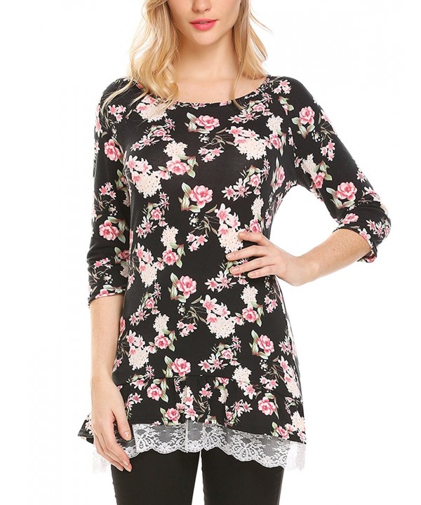 Womens Casual 3 4 Sleeve Floral Printed Lace Patchwork Blouse Crew