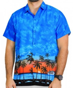 Hawaiian Shirt For Men Short Sleeve Front-Pocket Camp Palm Tree Orange Orange - Bright Blue Plam 