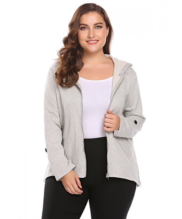 Womens Plus Size Zip Up Long Sleeve Casual Fleece Hoodie Jacket - Grey ...